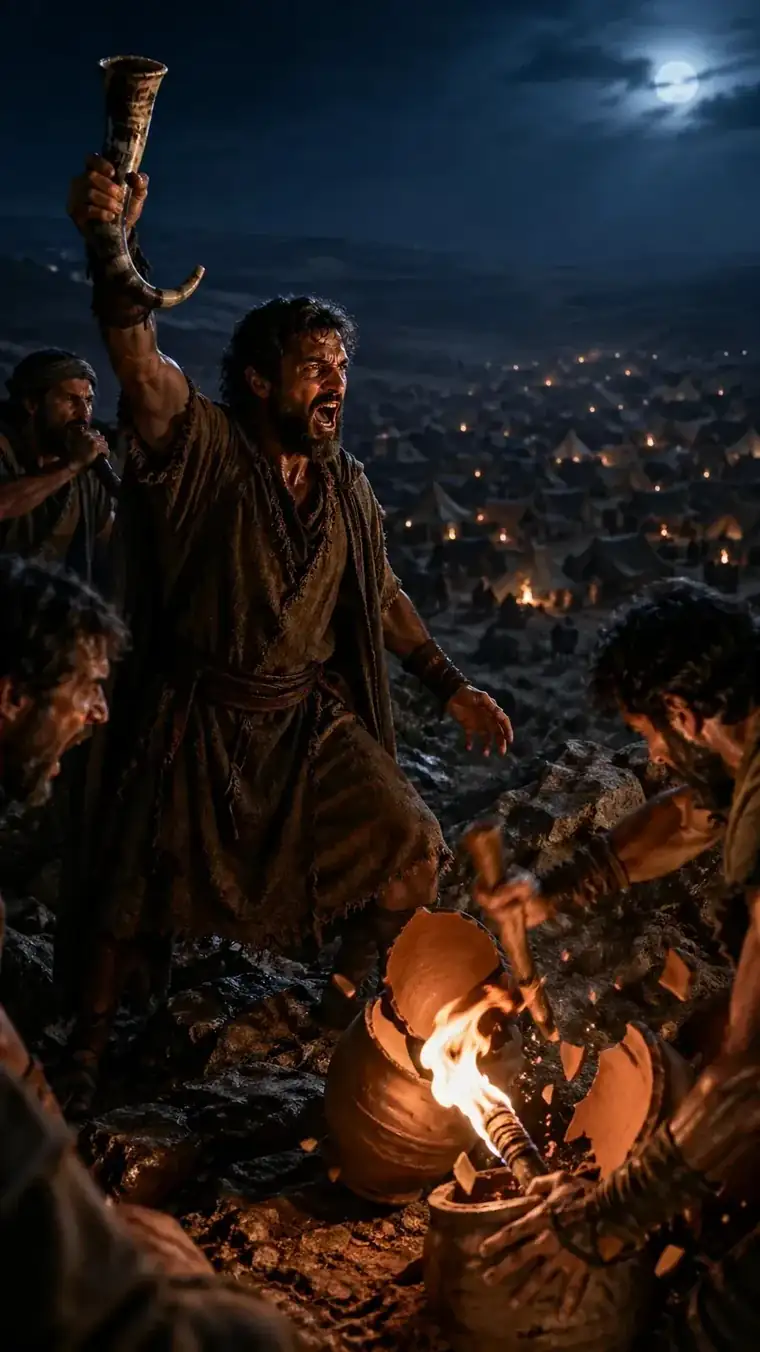 Gideon's three hundred raising torches and horns at night