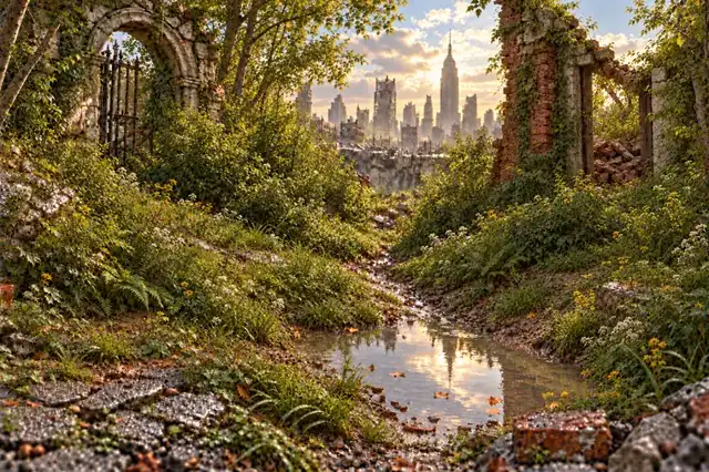 A wall gives way in the overgrown city